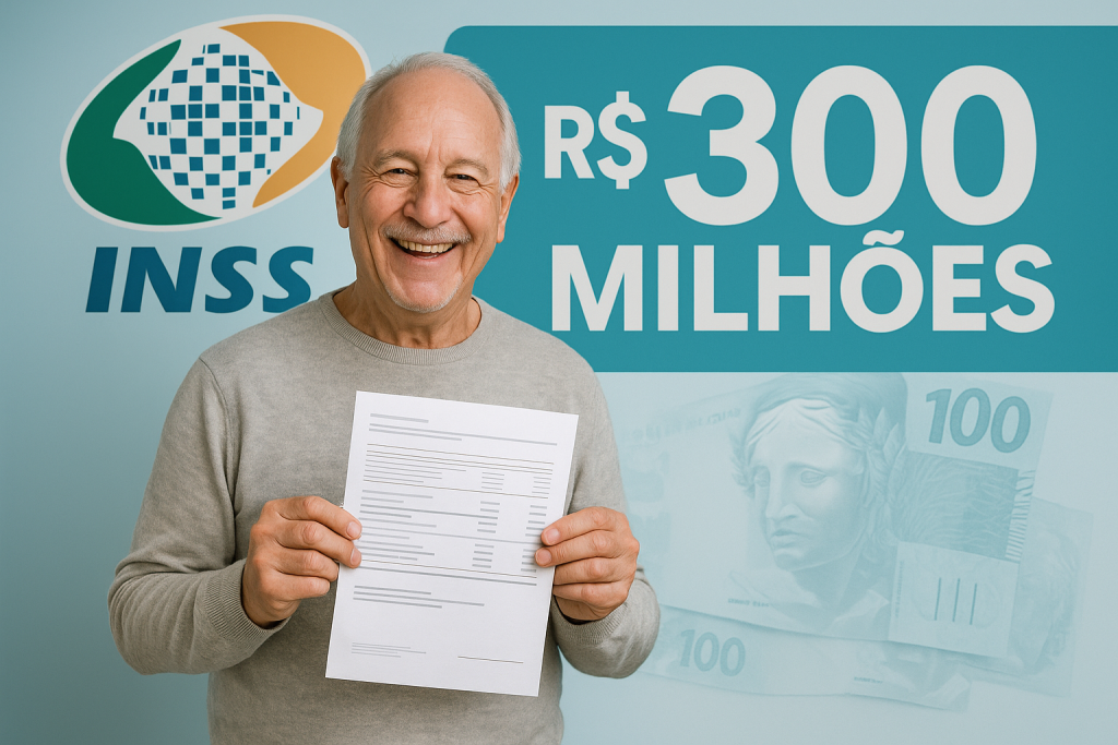 No fundo, o logo do INSS e um destaque em “R$ 300 Milhões” com design chamativo